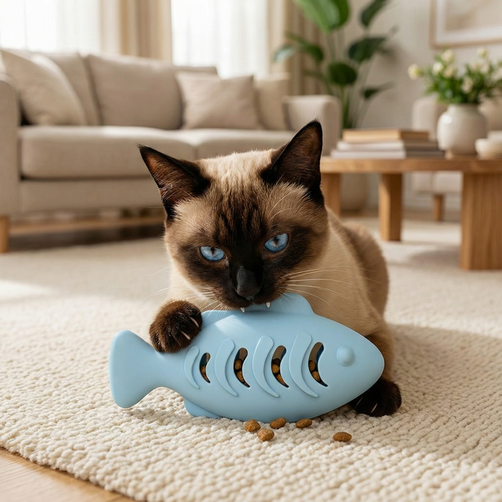 Tandenreinigende kauw- en knabbelvis – Interactieve siliconen snackdispenser voor katten