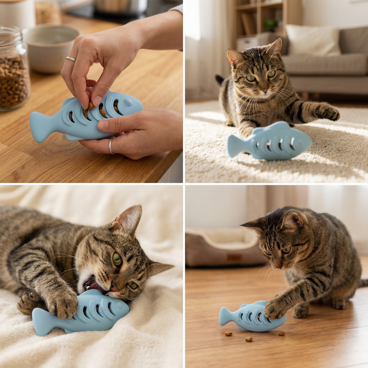 Tandenreinigende kauw- en knabbelvis – Interactieve siliconen snackdispenser voor katten