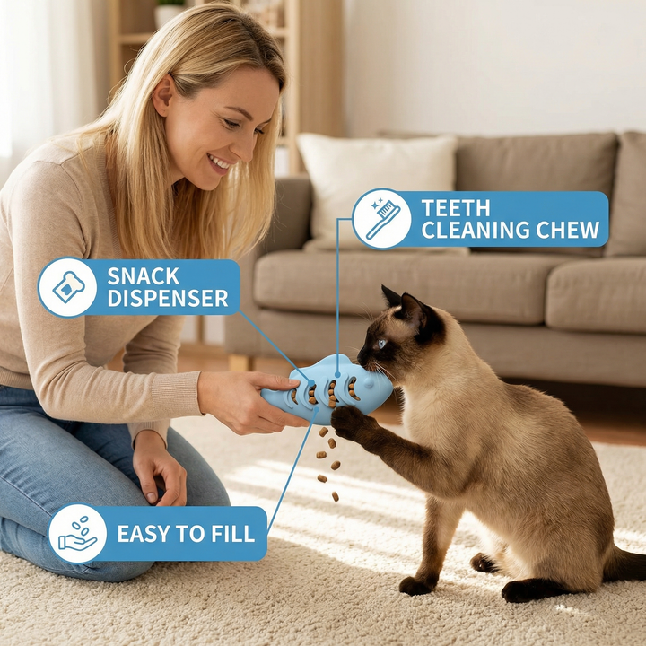 Tandenreinigende kauw- en knabbelvis – Interactieve siliconen snackdispenser voor katten