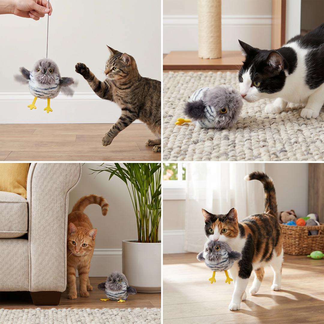 Vlechtend en tjilpend vogel speeltje voor katten