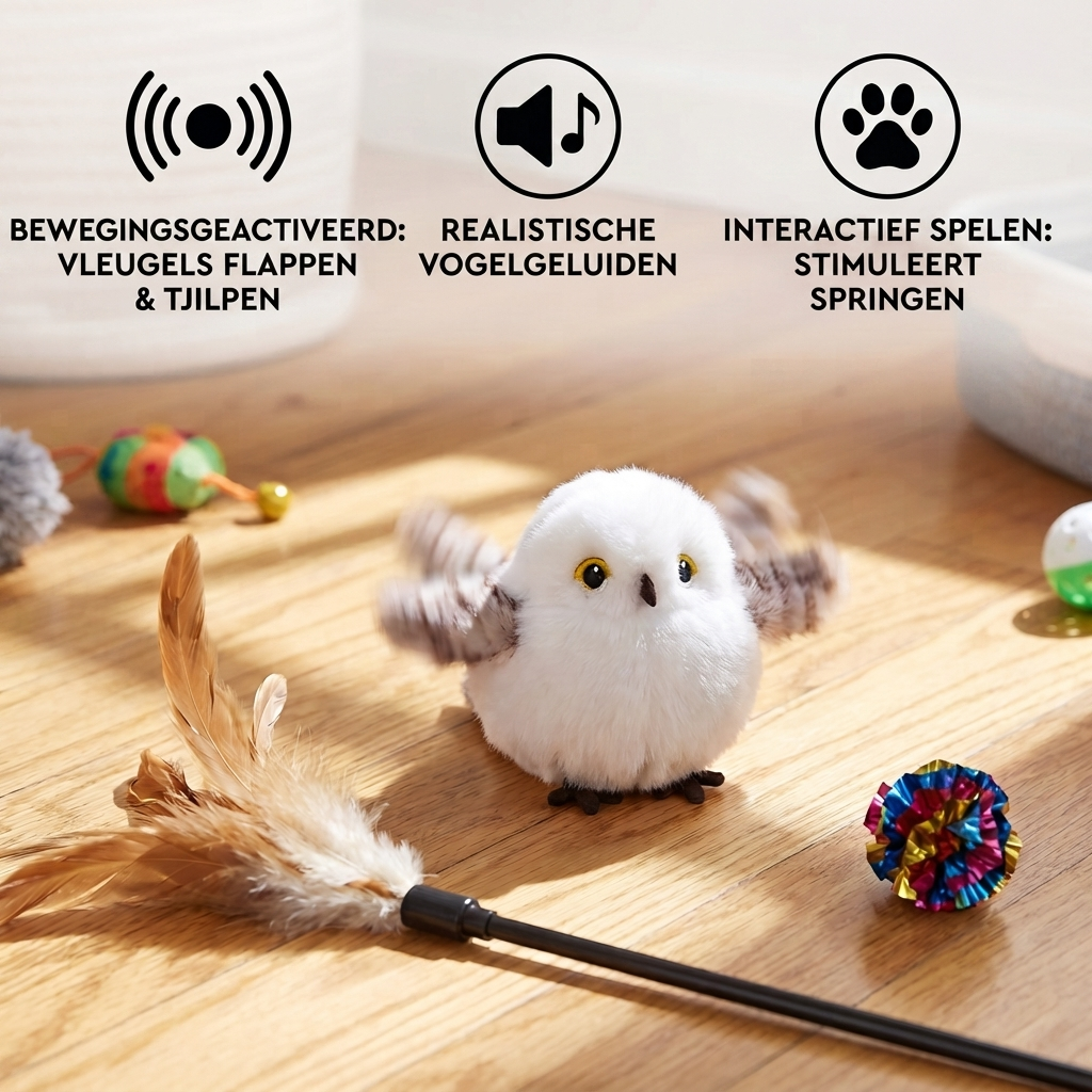 Vlechtend en tjilpend vogel speeltje voor katten