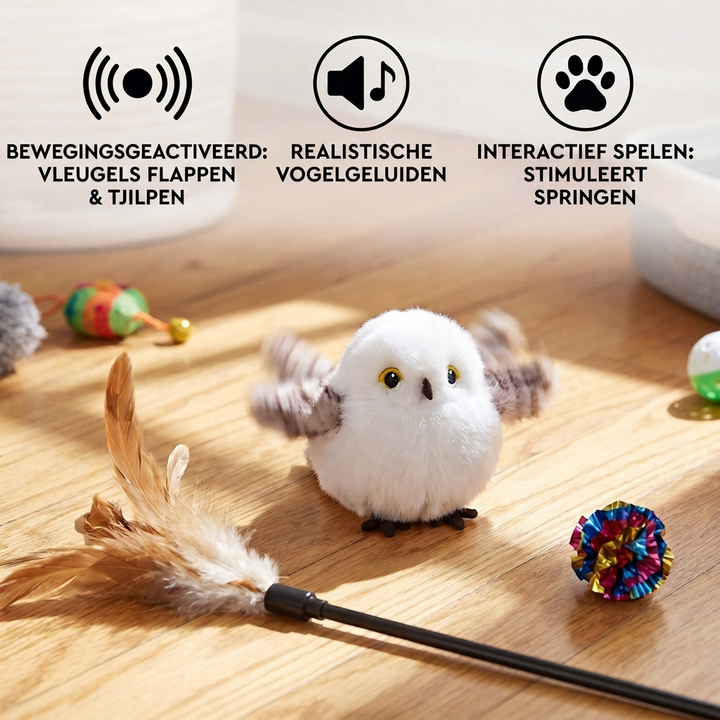 Vlechtend en tjilpend vogel speeltje voor katten