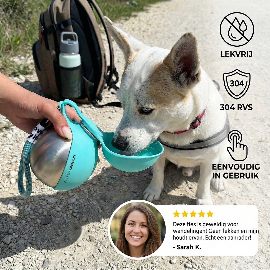 2-in-1 Honden Reiswaterfles – Lekvrije RVS Fles met Siliconen Kom