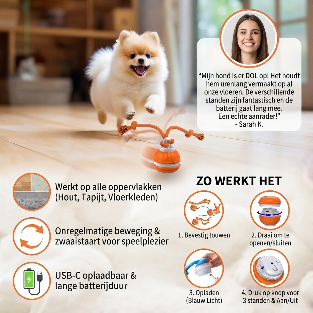Duurzame Honden Speelbal met Bewegingssensor en Trekkoord in Hondenvriendelijke Kleuren