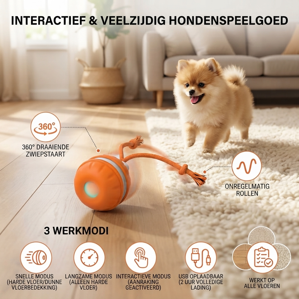 Duurzame Honden Speelbal met Bewegingssensor en Trekkoord in Hondenvriendelijke Kleuren